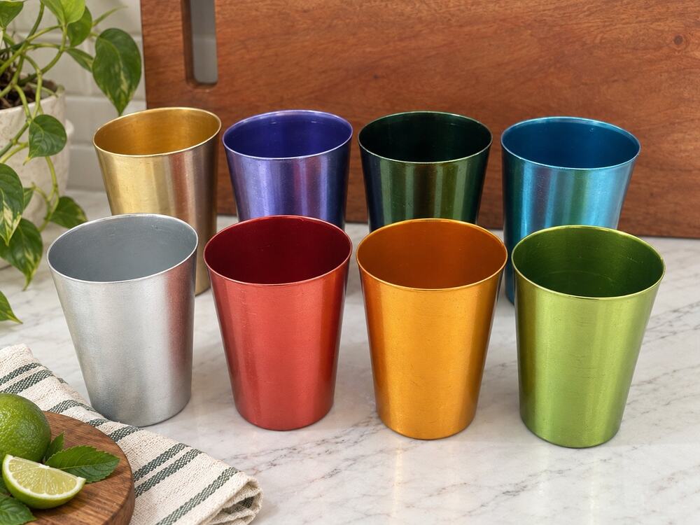 Vintage Set of 8 Anodized Aluminum Tumblers Multicolor MCM Bascal & Unmarked